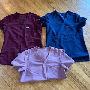 Figs V-Neck Scrub Tops in Burgundy, Navy, and Mauve